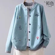 【初色】休閒寬鬆刺繡圓領長袖針織毛衣開衫上衣女上衣-共5色-16134(F可選) F 藍色