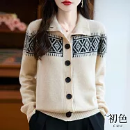 【初色】加厚保暖緹花高領翻領長袖單排釦針織開衫毛衣外套女外套-共4色-16251(F選) F 米色
