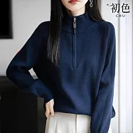【初色】簡約純色修身高領半門襟拉鍊長袖針織衫上衣女上衣-共5色-16162(F可選) F 藏青色