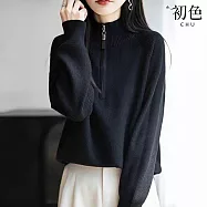 【初色】簡約純色修身高領半門襟拉鍊長袖針織衫上衣女上衣-共5色-16162(F可選) F 黑色