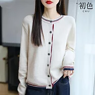 【初色】休閒簡約撞色拼接圓領排扣長袖針織開衫毛衣外套上衣女上衣-共4色-16223(F可選) F 米色