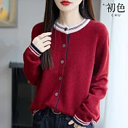 【初色】休閒簡約撞色拼接圓領排扣長袖針織開衫毛衣外套上衣女上衣-共4色-16223(F可選) F 紅色
