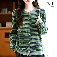 【初色】休閒簡約條紋圓領長袖排釦寬鬆外搭打底針織衫上衣女上衣-綠色-16218(F可選) F 綠色