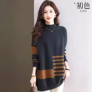 【初色】休閒風拼色半高領長袖中長款針織打底衫上衣女上衣-共2色-16209(F可選) F 灰綠色