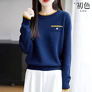 【初色】法式簡約休閒寬鬆假口袋撞色針織圓領長袖加厚毛衣打底針織衫上衣女上衣-共2色-16180(F可選) F 深藍色
