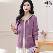【初色】休閒簡約拼接撞色寬鬆拉鍊連帽長袖針織開衫外套女外套-共4色-16132(F可選) F 紫色