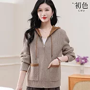 【初色】休閒簡約拼接撞色寬鬆拉鍊連帽長袖針織開衫外套女外套-共4色-16132(F可選) F 駝色