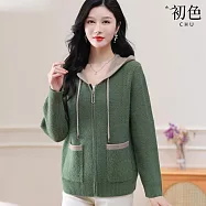 【初色】休閒簡約拼接撞色寬鬆拉鍊連帽長袖針織開衫外套女外套-共4色-16132(F可選) F 綠色