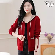 【初色】休閒簡約拼接撞色寬鬆拉鍊連帽長袖針織開衫外套女外套-共4色-16132(F可選) F 紅色