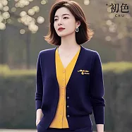 【初色】通勤風拼接撞色假兩件長袖V領針織衫上衣女上衣-藏青色-16185(F可選) F 藏青色