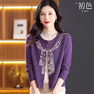 【初色】撞色領巾印花拼接假兩件半高領長袖針織毛衣上衣女上衣-共5色-16173(F可選) F 紫色