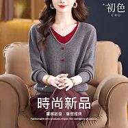 【初色】撞色拼接假兩件V領長袖內搭打底毛衣針織衫上衣女上衣-共4色-16166(F可選) F 灰色