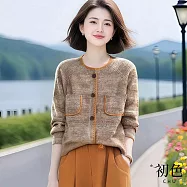【初色】復古感紋理撞色包邊圓領長袖毛衣針織開衫上衣女上衣-卡其色-16256(F可選) F 卡其色