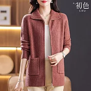 【初色】休閒簡約麻花紋理純色雙口袋拉鍊翻領長袖針織外套女外套-共5色-16196(F可選) F 粉色