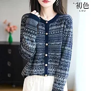【初色】小香風提花修身圓領金釦排釦長袖針織衫上衣女上衣-花色-16221(F可選) F 花色