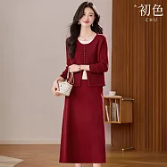 【初色】通勤風簡約修身百搭長袖針織長褲長裙套裝-17款任選-16152(M-2XL可選) F H.紅色
