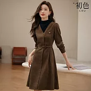 【初色】簡約氣質假兩件拼色收腰半高領長袖中長連衣裙A字裙連身洋裝-咖色-16338(M-2XL可選) M 咖色