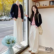 【初色】簡約風撞色排釦長袖針織上衣女上衣+純色寬鬆直筒休閒褲寬褲長褲套裝-共2色-16380(F可選) F 粉衣白褲