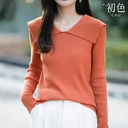 【初色】韓版純色海軍領大翻領打底針織長袖毛衣上衣女上衣-共4色-16224(F可選) F 橘色