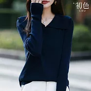 【初色】韓版純色海軍領大翻領打底針織長袖毛衣上衣女上衣-共4色-16224(F可選) F 藏青色