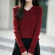 【初色】韓版純色海軍領大翻領打底針織長袖毛衣上衣女上衣-共4色-16224(F可選) F 紅色