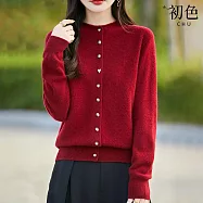 【初色】簡約純色半高領捲邊長袖排扣愛心釦子針織開衫外套上衣女上衣-共4色-16214(F可選) F 紅色