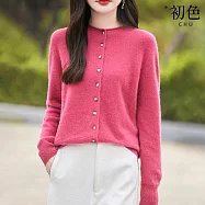 【初色】簡約純色半高領捲邊長袖排扣愛心釦子針織開衫外套上衣女上衣-共4色-16214(F可選) F 粉色