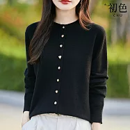 【初色】簡約純色半高領捲邊長袖排扣愛心釦子針織開衫外套上衣女上衣-共4色-16214(F可選) F 黑色