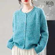 【初色】簡約純色愛心釦絨毛寬鬆保暖針織圓領長袖開衫外套女外套-共4色-16215(F可選) F 藍色