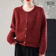 【初色】簡約純色愛心釦絨毛寬鬆保暖針織圓領長袖開衫外套女外套-共4色-16215(F可選) F 酒紅色