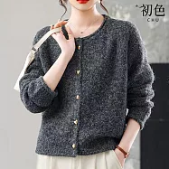 【初色】簡約純色愛心釦絨毛寬鬆保暖針織圓領長袖開衫外套女外套-共4色-16215(F可選) F 深灰色