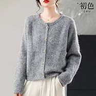 【初色】簡約純色愛心釦絨毛寬鬆保暖針織圓領長袖開衫外套女外套-共4色-16215(F可選) F 淺灰色