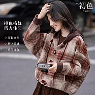 【初色】休閒寬鬆復古拼接撞色格紋連帽v領長袖罩衫外套女外套-紅色-16342(M-2XL可選) M 紅色