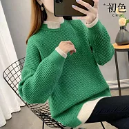 【初色】撞色假兩件圓領長袖寬鬆中長款針織衫上衣女上衣-共6色-16135(F可選) F 綠色