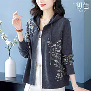 【初色】簡約休閒柔軟花紋拉鍊連帽長袖針織外套女外套-共4色-16190(F可選) F 灰色