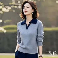 【初色】寬鬆拼色假兩件POLO衫長袖針織衫上衣女上衣-藍色-16252(F可選) F 藍色