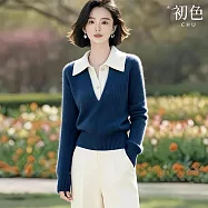 【初色】休閒時尚修身拼接撞色假兩件兩粒扣翻領長袖針織衫上衣女上衣-藏青色-16138(F可選) F 藏青色