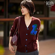 【初色】簡約重工毛巾刺繡小馬V領長袖排扣寬鬆針織開衫外套女外套-共3色-16195(F可選) F 紅色