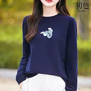 【初色】韓版純色圓領水果刺繡針織打底長袖上衣女上衣-藏青色-16230(M-2XL可選) F 藏青色