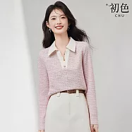 【初色】小香風混色翻領長袖釦子襯衫上衣女上衣-粉色-16324(M-2XL可選) M 粉色