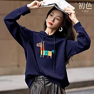 【初色】休閒風插肩長袖連帽抽繩小馬刺繡印花T恤上衣女上衣-共2色-16396(M-3XL可選) 3XL 藏青色