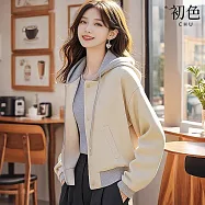 【初色】慵懶風長袖單排扣雙口袋假兩件拼接短款連帽外套女外套-杏色-16387(M-XL可選) M 杏色