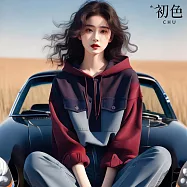 【初色】休閒簡約寬鬆拼接連帽撞色V領長袖T恤上衣女上衣-紫紅色-16372(M-XL可選) M 紫紅色