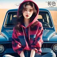 【初色】復古格紋連帽領抽繩口袋長袖帽T上衣女上衣-桃紅色-16374(M-XL可選) L 桃紅色