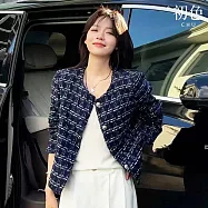 【初色】休閒高雅小香風輕奢排扣編織格紋圓領長袖開衫外套女外套-深藍色-16390(M-XL可選) M 深藍色