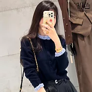 【初色】韓系拼色木耳邊領長袖排釦針織衫上衣女上衣-藏青色-16354(F可選) F 藏青色