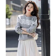 【MsMore】 浪漫蕾絲花邊拼接圓領T長袖上衣# 126471 2XL 灰色