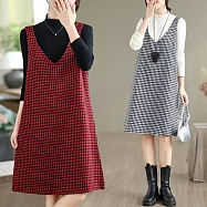 【ACheter】 千鳥格寬鬆A版V領背心連身裙百搭顯瘦大碼洋裝# 126475 M 紅色