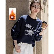 【MsMore】 加絨保暖圓領浪漫刺繡印花寬鬆小個子T上衣# 126478 L 藏青色