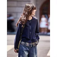 【MsMore】 格紋拼接減齡氣質寬鬆圓領簡約上衣# 126497 L 藏青色